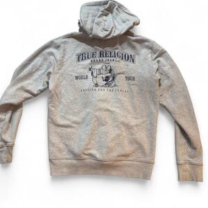 Vintage True Religion Iconic Zip Up Hoodie Grey with Navy Velvet Graphic — L